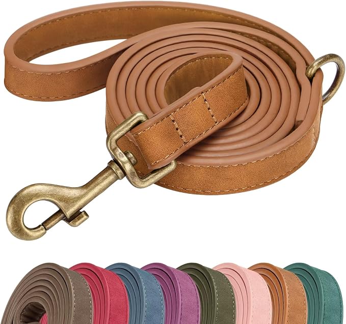 Didog PU Leather Dog Leash for Medium Large Dogs, 3/4in x 5ft, Light Brown | Soft Grip Full Control, Easy Clean, Metal D-ring for Poop Bag Holder, Tangle-Free 360° Swivel Clasp, for Walking & Training by Didog
