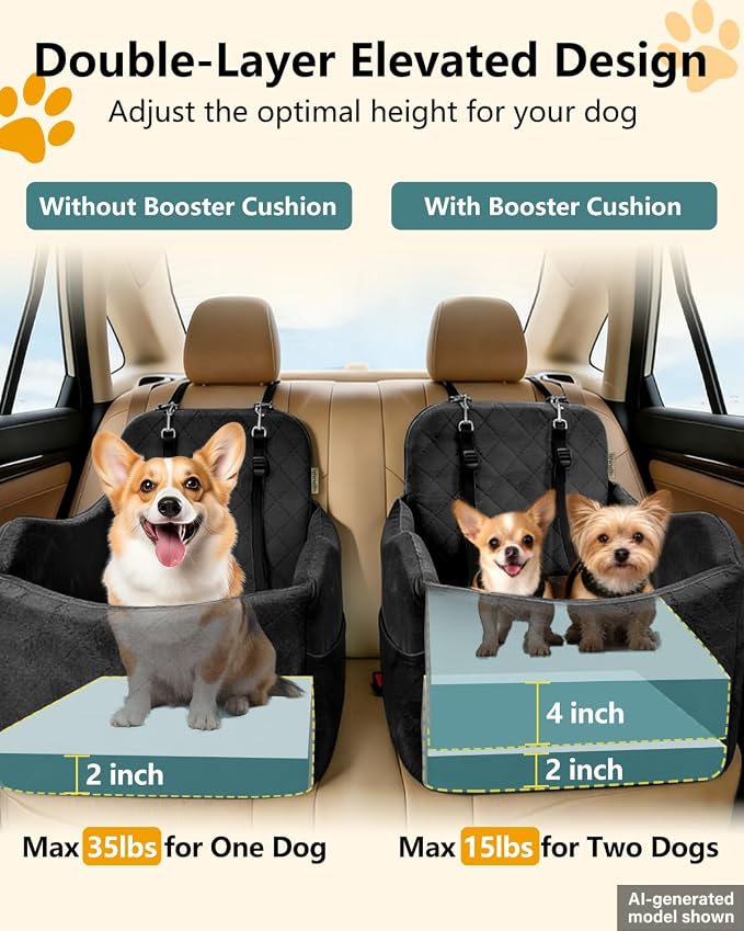 Dog Car Seats for Small Dogs Up to 35 lbs, Machine Washable Puppy Car Seat | 2-in-1 Dog Bed for Car with 6" Elevated Cushion, Dog Booster Seat with Safety Leashes, Pockets, Fits Front/Back Seats (Black) - Image 4