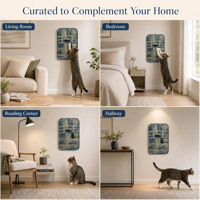 Cat Wall Scratcher, Art Cat Scratching Board for Indoor Cats | Wall Mounted Cat Scratch Pad, Water-Based Ink, Hook&Loop Strips, Floor or Wall Use, 16.7x11x1 Inch, Lily Pond Bridge - Image 8