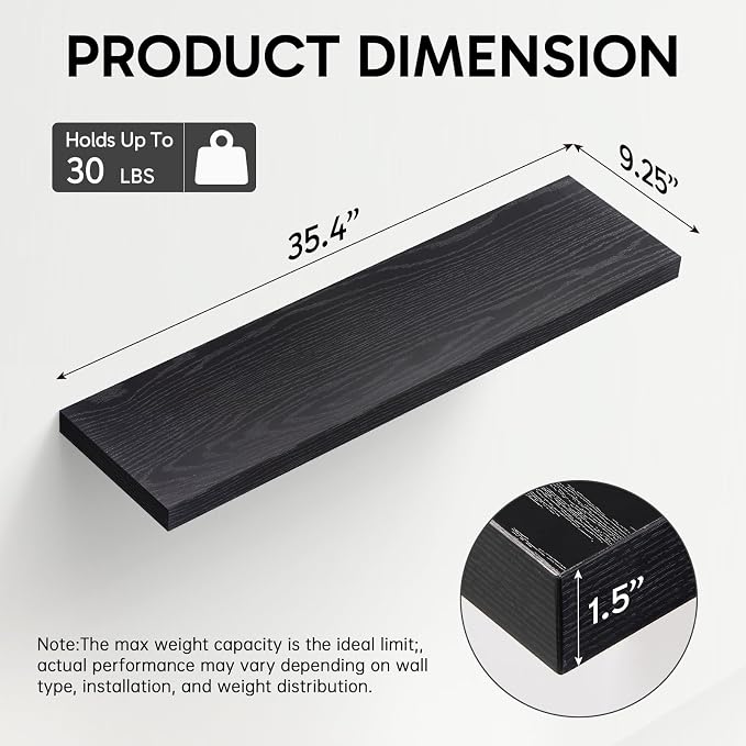 BAYKA Black Floating Shelves 35.4in, Set of 3, Wall Mounted for Wall Decor | Easy Install, 30lbs Max Load, Hidden Bracket, Shelving for Bathroom Bedroom Kitchen Display Storage, Multi-Wall Compatible - Image 3