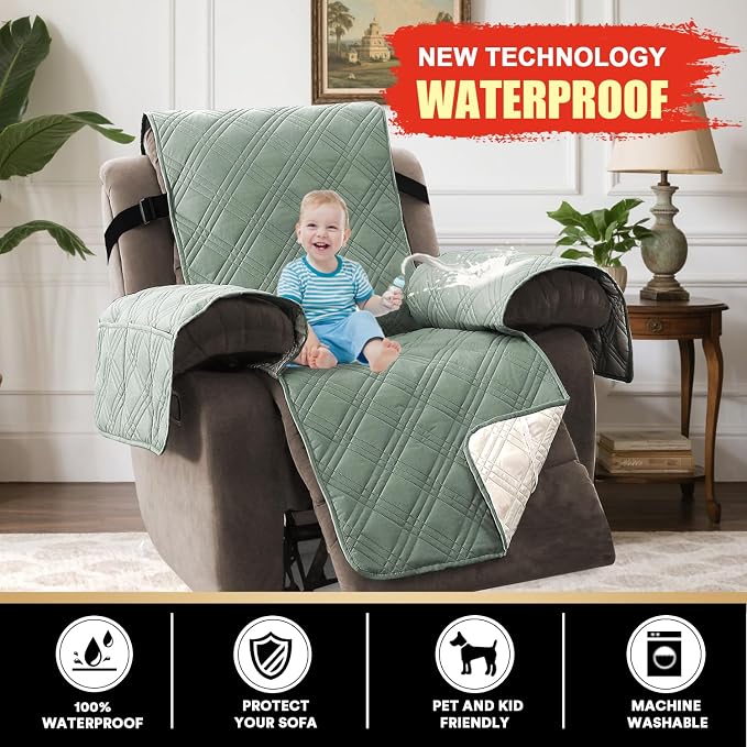 PrinceDeco Recliner Cover 100% Waterproof Couch Cover Sofa Cover for Living Room Water Resistant Furniture Protector with Elastic Straps for Pets Dog(Recliner28,Lily Pad) - Image 3