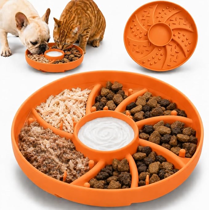 Slow Feeder Dog Bowl Silicone Suction Cup Anti Spill Dogs Cats Orange | strong suction base prevents sliding, extends mealtime, reduces anxiety, textured surface, dishwasher safe by guardingwhatyouLove