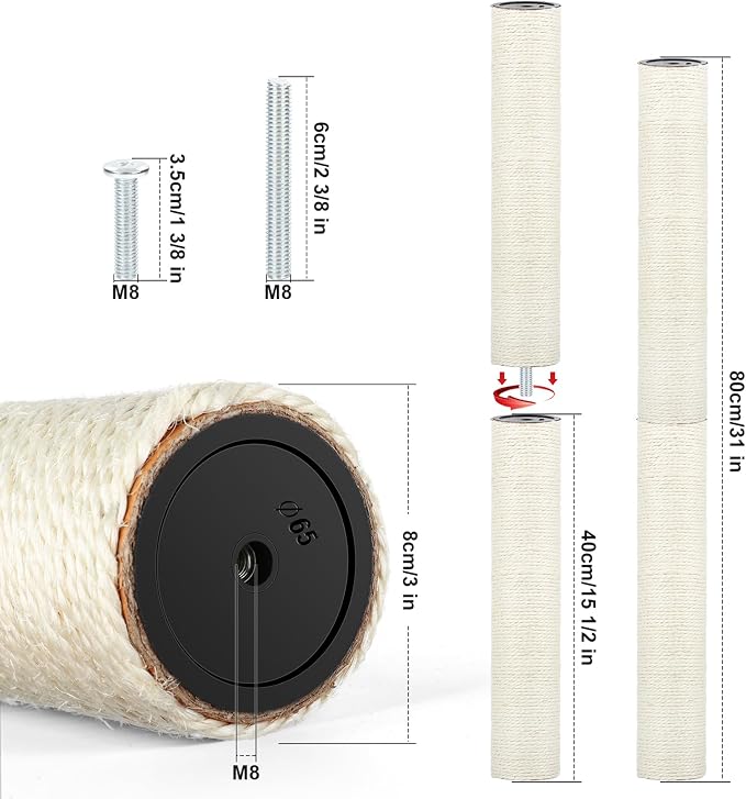 4 PCS M8 Cat Scratching Post Replacement, 15.7 x 3.1 Inch Sisal Pole Cat Tree Replacement Post with Screws, Refill Scratcher Posts for Indoor Kitten Tree Tower Spare Cat Furniture Protector - Image 2