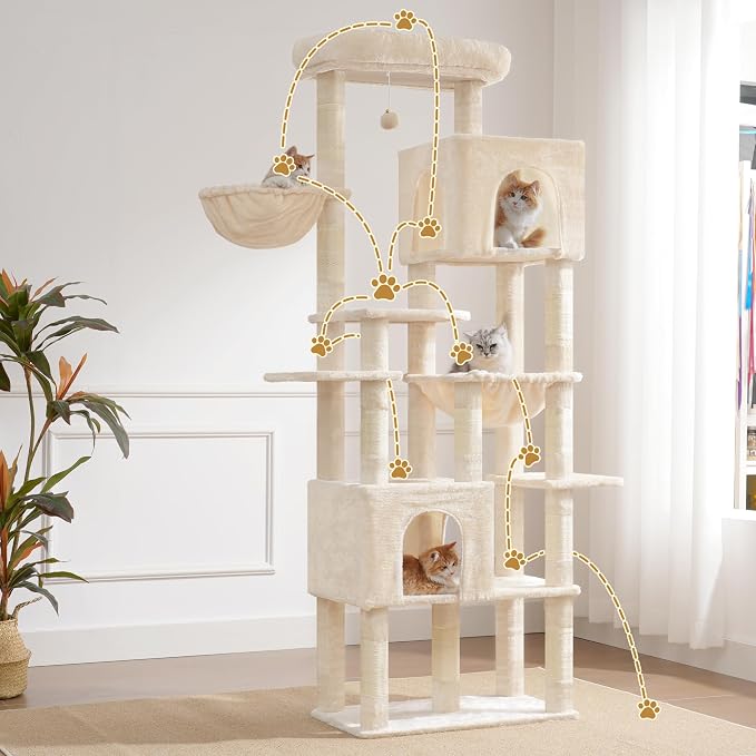 Heybly Cat Tree, 76-Inch Tall Heavy Duty Cat Tower for Big Cats HCT039M | Multi-Level Large Cat Furniture with Extra Wide Baseboard, 2 Condos & 2 Hammocks, 10 Scratching Posts, Beige - Image 7
