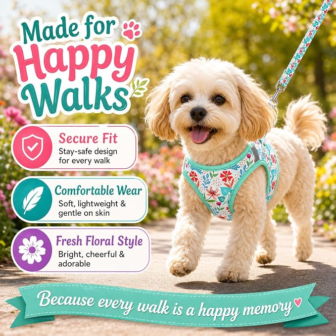 Step in Dog Harness Leash Set- All Weather Reflective No-Pull Floral Pattern Padded Mesh Vest Harness for Cats Puppy Extra-Small Small Medium Large Dogs - Verdure Flower - M - Image 4