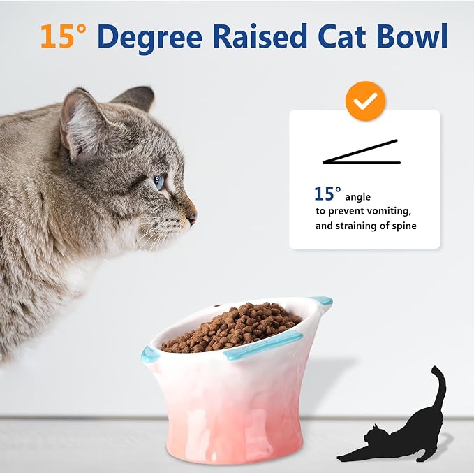Tioncy 2 Pcs Raised Tilted Ceramic Cat Food Bowl Fish Shape Cute Elevated Slanted Shallow Angled Cat Dish Non Slip Feeder Bowl for Anti-Vomiting and Whisker Fatigue(Blue, Pink) - Image 3