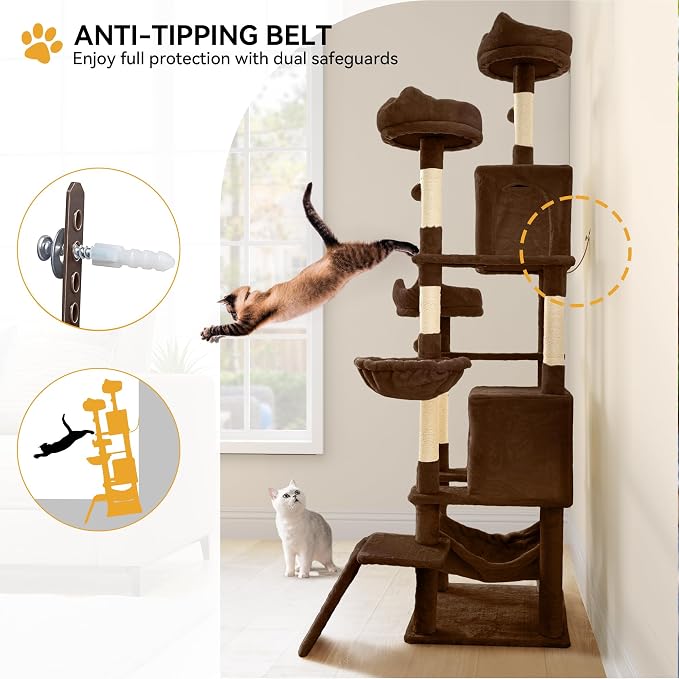 YITAHOME 75-Inch Tall Cat Tree Indoor | Multi-Level Cat Tower with Kitty Condos, Top Perches, Sisal Ramp, Scratching Posts & Cozy Basket Hammocks, Black - Image 4