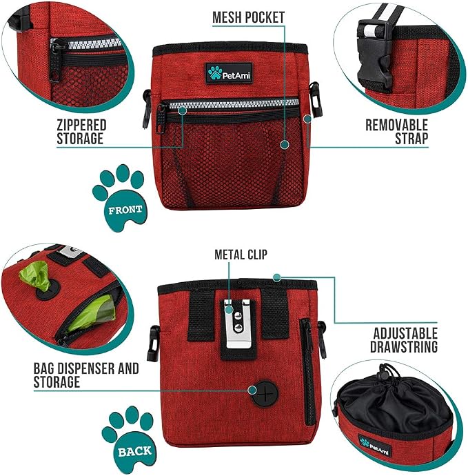PetAmi Dog Treat Pouch, Pet Treat Pouch for Training, Dog Walking Bag Holder for Kibbles, Pet Food Toy, Dog Trainer Essentials Supplies, Poop Bag Dispenser, 3 Ways to Wear (Red) - Image 3