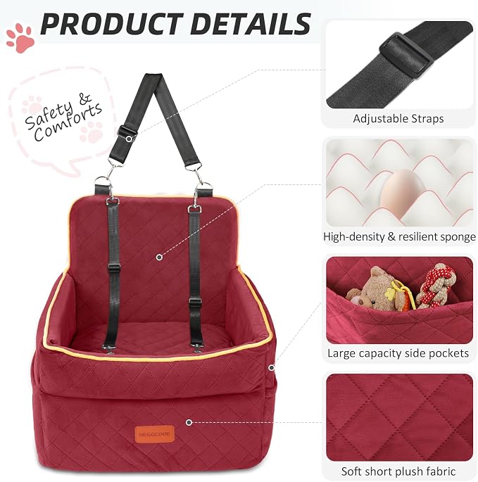 HEGGCOOE Dog Car Seat for Small Medium Dogs, Memory Foam Puppy Dog Booster Seat with Thick Cushion for Dogs Under 35lbs, Detachable Washable Pet Car Seat Travel Bed with Storage Pockets,2 Safety Belts - Image 4
