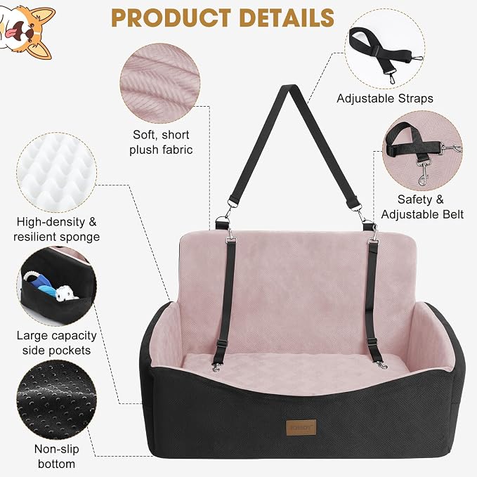 JOEJOY Dog Car Seat for Large Medium Sized Dogs Under 55 lbs, Dog Booster Seat for 2 Small Dogs with Detachable Washable Cover, Memory Foam Pet Car Seat with 2 Safety Belts and Storage Pockets - Image 4