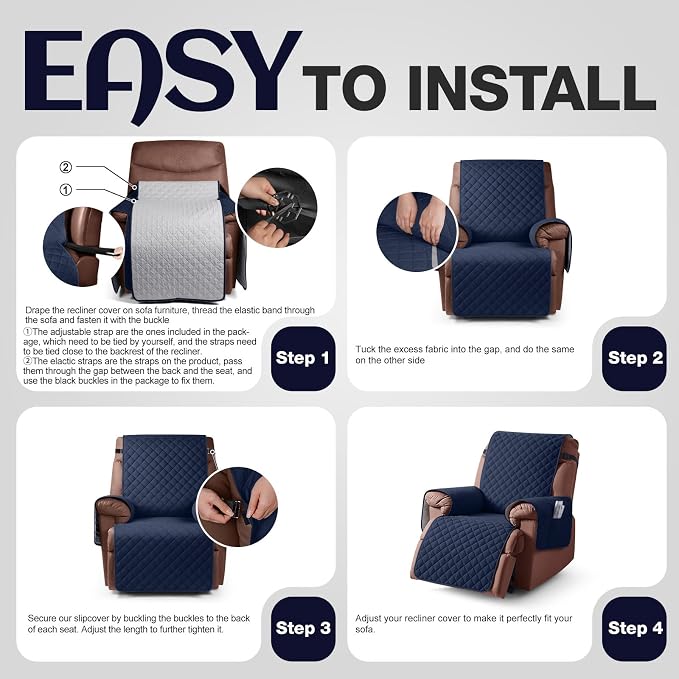 KinCam 100% Waterproof Recliner Chair Covers Washable, 28", Dark Blue | Anti Slip Reclining Couch Covers for Pets Dog, Recliner Sofa Slipcover Storage Pocket, Furniture Protector with Elastic Strap - Image 7