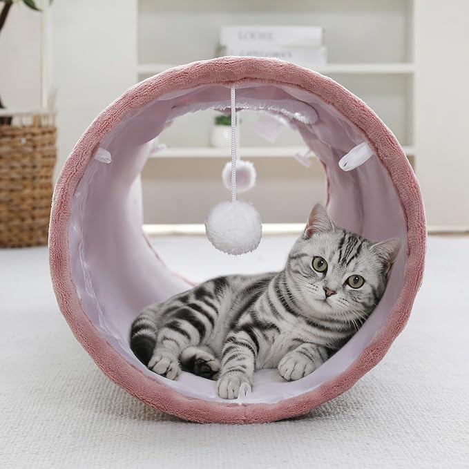 Straight Bubble Cat Tunnel for Indoor Cats 47"x12", Dusty Pink | Cute Cat Toys, Collapsible Tunnel Tube with Hanging Balls for Puppy Kitten Rabbit - Image 7