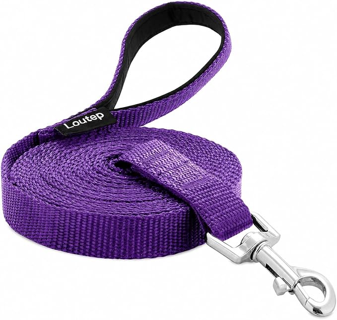 Long Line Dog Training Leash with Padded Handle, 15 ft, Purple | Durable nylon webbing with reinforced stitching and 360° swivel clip for recall and obedience by Loutep