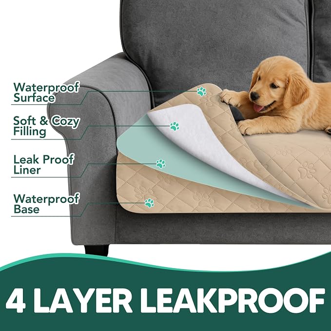 PAWFINITY Waterproof 4 Seat Couch Covers for Dogs, Pet Blanket for Sofa | Paw Print Quilted, Hair Resistant, Anti Cat Scratch, Washable Furniture Protector for 4 Seater Cushion, 35x96 Inch, Beige - Image 6
