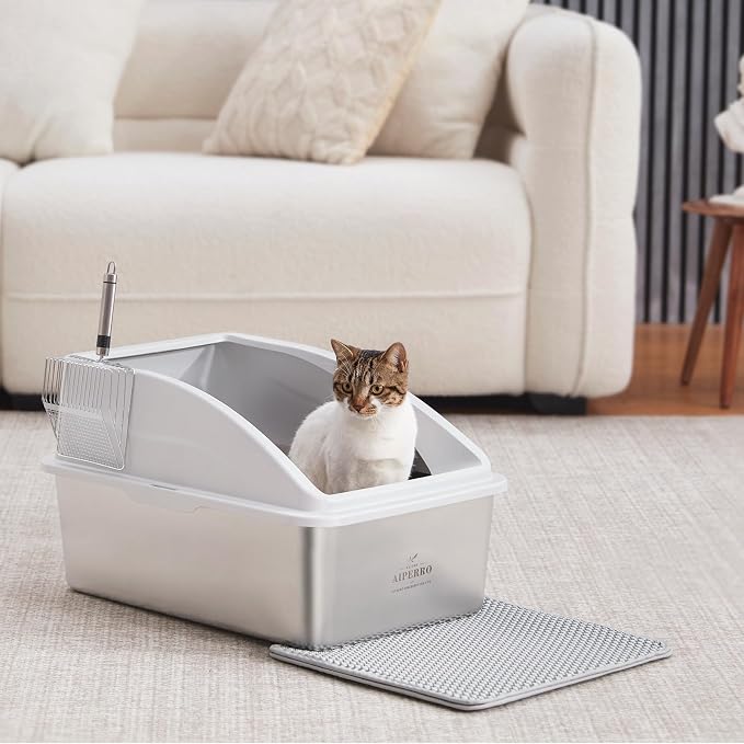 AIPERRO Stainless Steel Litter Box | XXL Deepened 8" Design Metal Cat Box | High Sided with Lid for Big Cats | Anti-Urine Leakage | Non-Stick Bottom & Easy to Clean | Includes Litter Mat & Metal Scoop - Image 7