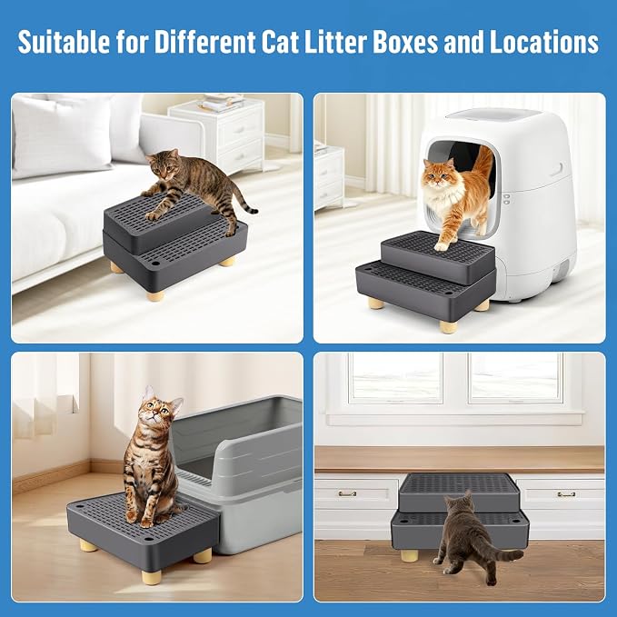 Extra Large 2 Steps Cat Litter Box Step Ramp, Cat Litter Catcher Mat with Wooden Feet, Filter Function, Cat's Pedal Stool for Self-Cleaning Litter, Suitable Kitten & Elderly Cats (Dark Grey) - Image 6