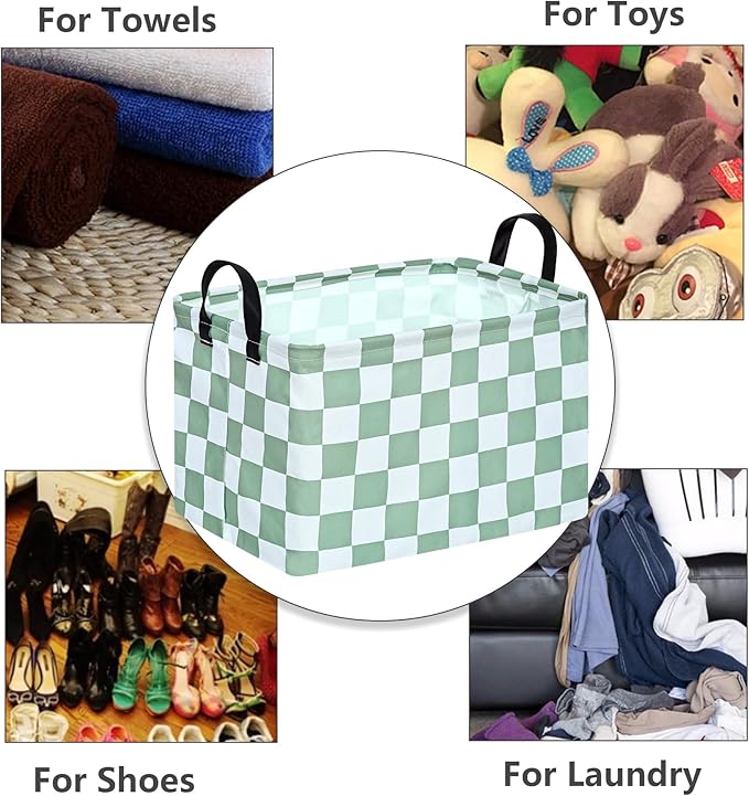 MAIZMZ Sage Checkered Storage Basket Baby Toys Organizer Bins Decorative Gifts Bakset Waterproof Nursery Hamper Women Storage Cube Kids Laundry Basket for Home/Dorm/Kitchen/Pet/Office/Closet/Shelf/ - Image 5
