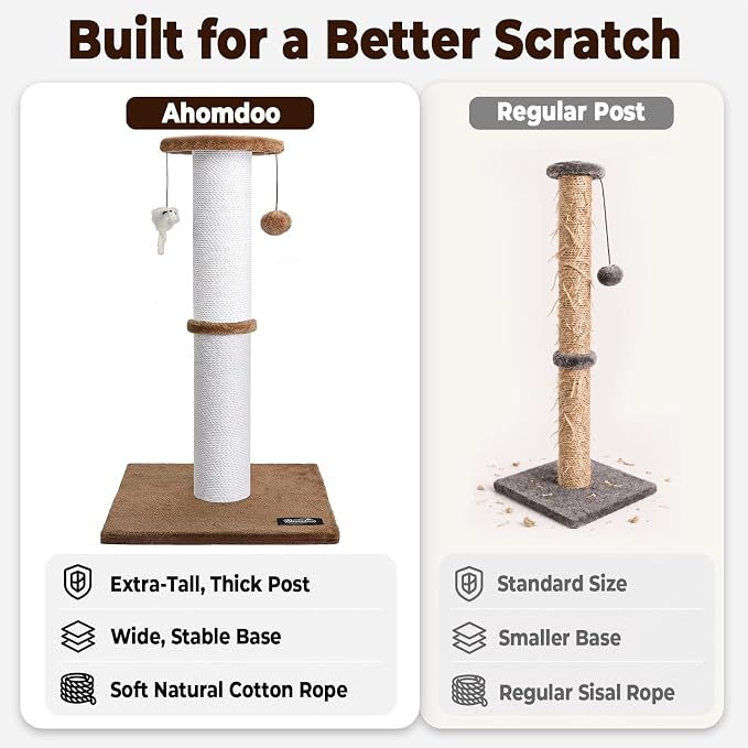 34-Inch Tall Cat Scratching Post for Large Cats, Sturdy Base, Tan | Heavy-Duty Cat Scratcher, Extra-Tall Thick Post, Soft Natural Cotton Rope, Hanging Interactive Cat Toys, Indoor Cat Furniture - Image 5