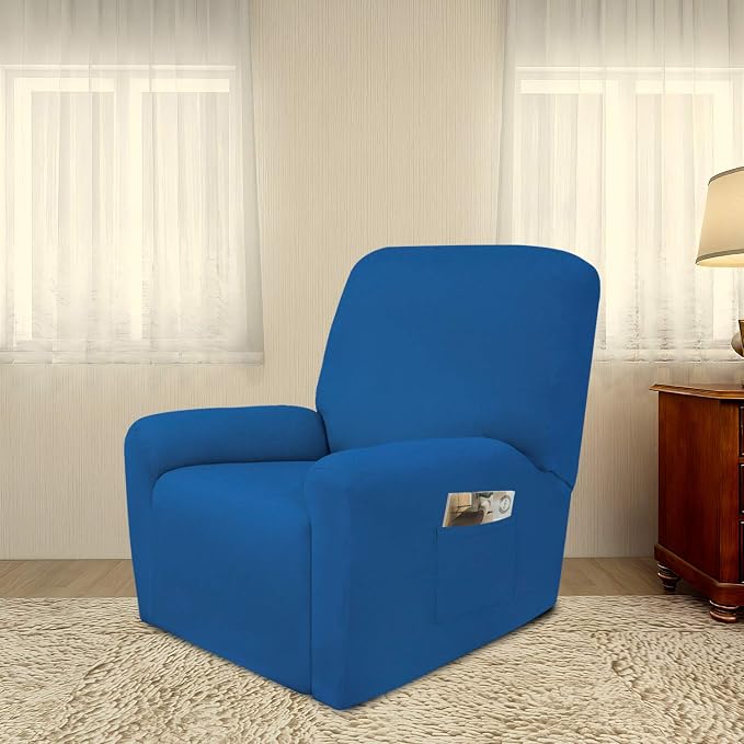 PureFit Stretc Recliner Chair Covers Fleece Soft Couch Covers for Sofa | Classic Blue 4-Pieces Recliner Slipcover Pocket Couch Protector, Fleece Sofa Cover Washable with Non Slip Elastic Bottom - Image 2