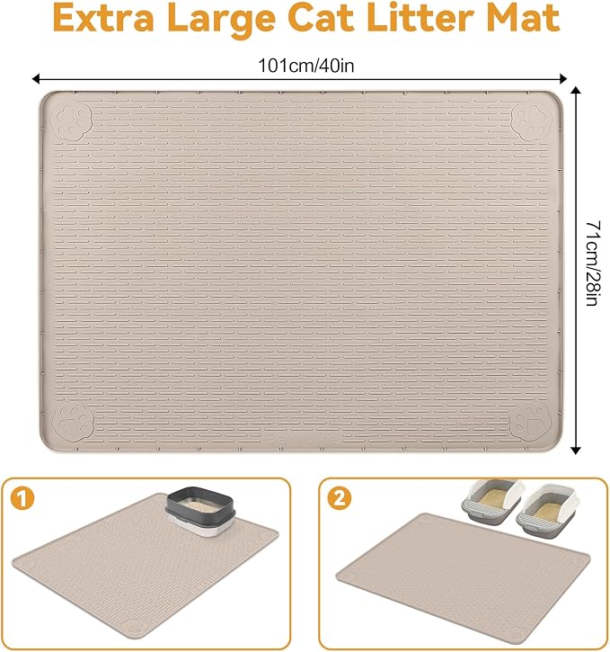 Silicone Cat Litter Mat 40"x28" Cat Mat for Litter Box, Khaki | Extra Large Cat Litter Trapping Mat, Non-slip, Foldable, Waterproof Pet Mat with Raised Edge, Rubber Mat for Floor - Image 2