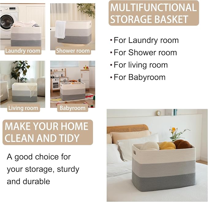 OIAHOMY Blanket Basket Laundry Basket Dog Toy Basket 108L Gradient Grey | Large Storage Basket,Baby Basket,Toy Storage,Woven Rope Basket for Blankets,Blanket Storage for Living Room - Image 4