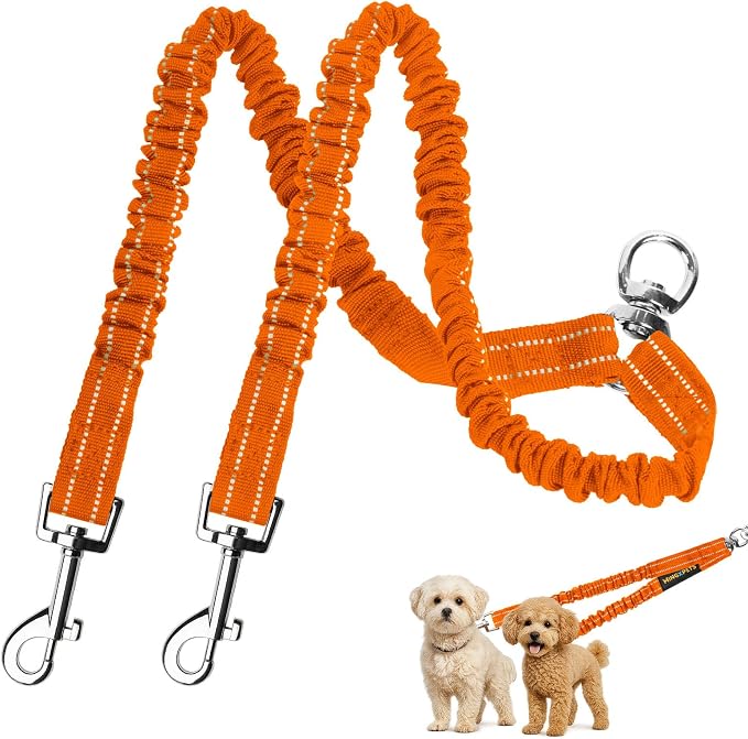 MingXpet 2 Dog Leash, Dog Leash for 2 Dogs, 360° Swivel No Tangle Double Walking Training Leashes for Large Dogs that Pull, Comfortable Shock Absorbing Reflective Bungee, Orange by MingXpets