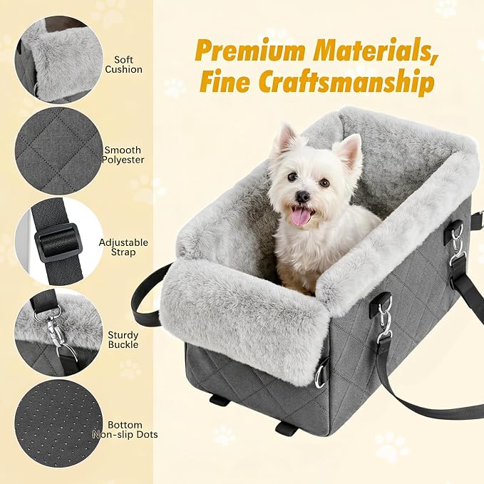 VavoPaw Center Console Dog Car Seat for Small Dogs&Cats Under 12 LBS | Puppy Car Seats with Non-Slip&Strong Support, Anti-Collapse Portable Pet Bed for Puppies with Soft Cushion Safety Belt, Gray - Image 3
