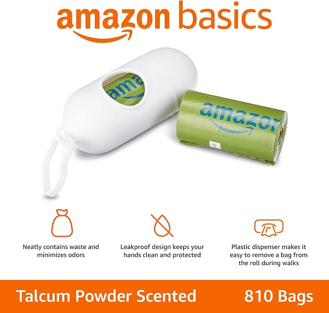 Amazon Basics Premium Leak Proof Dog Poop Bags with Dispenser and Leash Clip, Talcum Powder Scented, 13" x 9", 810 Count (54 Rolls) - Image 2
