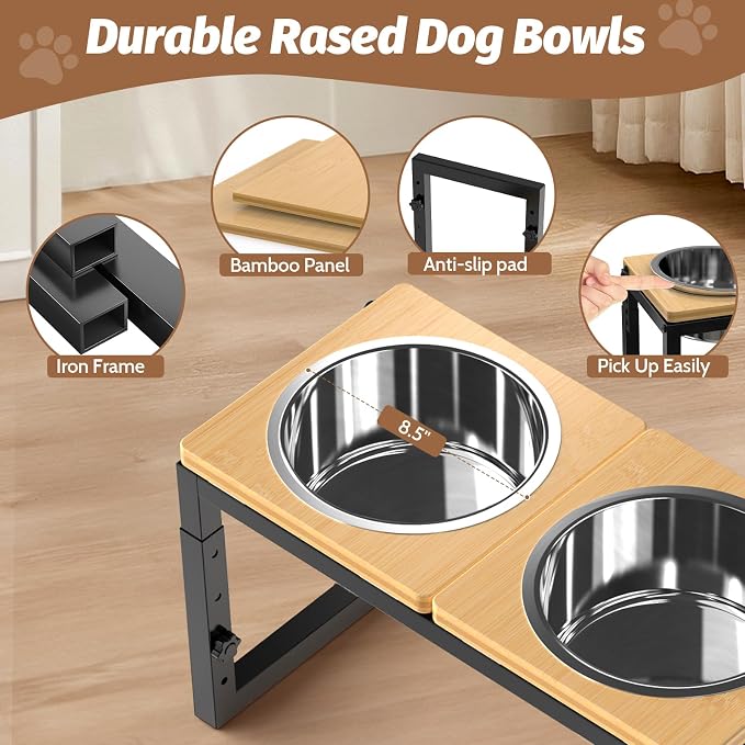 Dog Bowls Elevated, 4 Height (9.6" to15) & Angle (0-20°) Adjustable Raised Dog Bowl Stand, Elevated Dogs Bowl for Medium to Large Sized, Bamboo Feeding Station with 2X 10cups Stainless Steel Dishes - Image 5