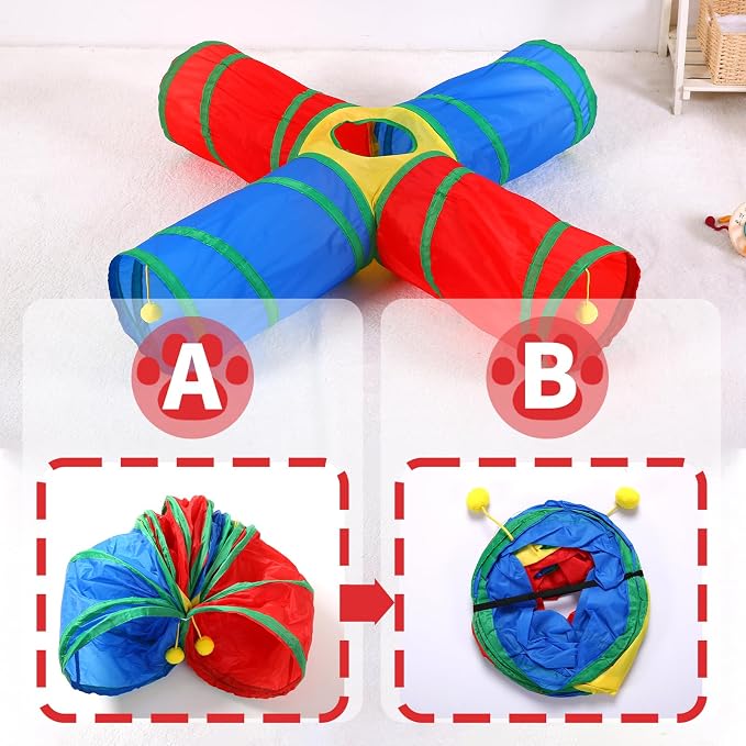 Pet Cat Tunnel, 4 Way Tunnels for Indoor Cats, Collapsible Pet Tunnel for Kitten, Puppy, Rabbit, 25cm-Wide Tunnels, Durable & Breathable, with Peek Hole Toy Ball - Image 4