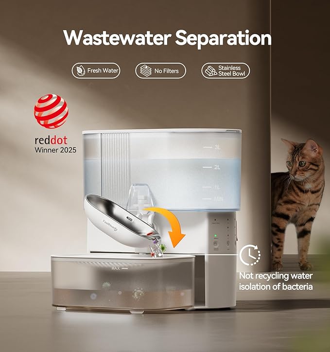 Wireless Cat Water Fountain No Filters, Wastewater Separation, FEELNEEDY Stainless Steel Bowl, 3.5L Pet Water Fountain for Cats & Dogs Dispenser, White - Image 2