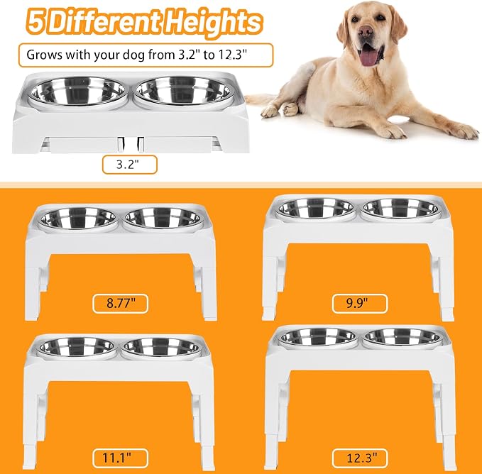 Elevated Dog Bowls with 2 Stainless Steel Food & Water Raised Bowls with No Spill Edge Non-Slip Stand Adjusts to 5 Heights(3.2", 8.77", 9.9",11.1", 12.3") for Small Medium Large Dog and Pet White - Image 2