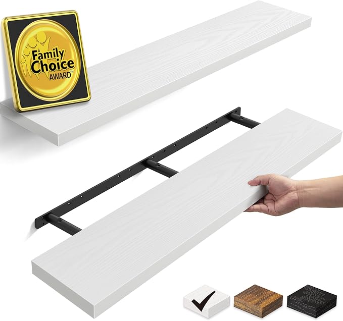 BAYKA White Floating Shelves 47.2in, Set of 2, Wall Mounted for Wall Decor | Easy Install, 30lbs Max Load, Hidden Bracket, Shelving for Bathroom Bedroom Kitchen Office Storage, Multi-Wall Compatible by Bayka