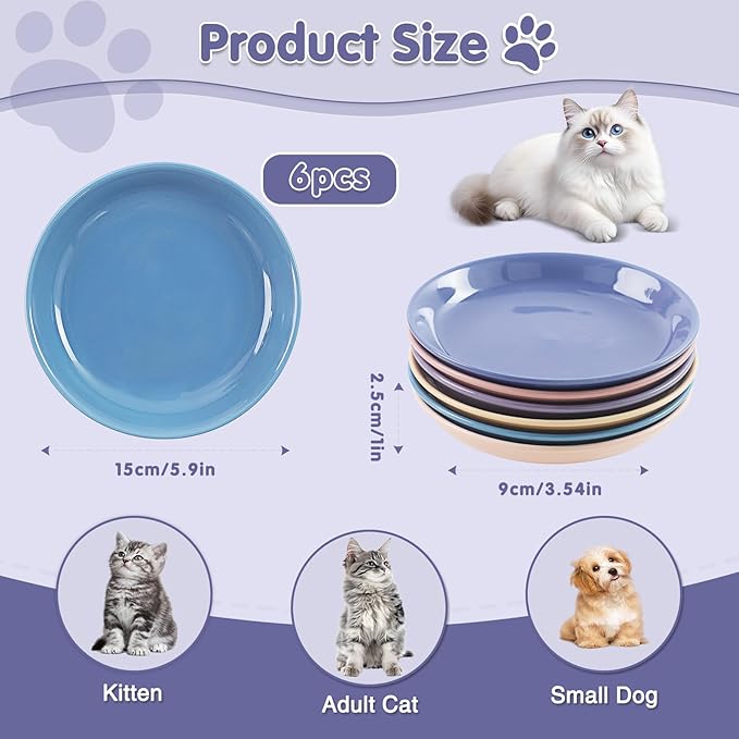 6 Pack Cat Food Bowl, Ceramic Cat Bowls, Anti Whisker Fatigue Cats Bowl Set | 5.5 Inches Shallow Wide Kitten Plates for Food and Water (CaiSe-A) - Image 2