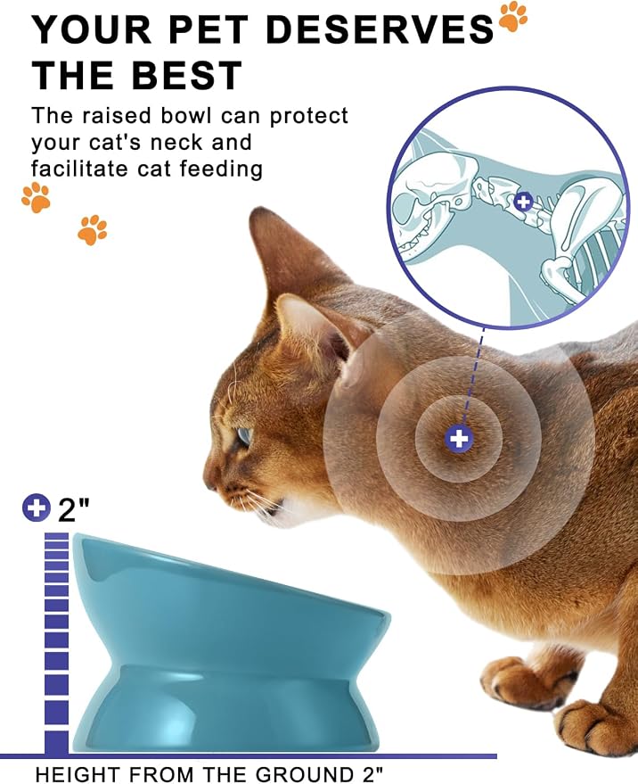 Y YHY Elevated Cat Food Bowl, Ceramic Raised Bowl, Tilt Angle Protects Cat's Spine, Anti Vomiting Dish, Backflow Prevention, Lake Blue - Image 5