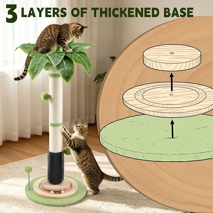 39.4'' Tall Cat Scratching Post,3.5 Inch Wide Sisal Cat Scratcher Tree with Leaves,Interactive Cat Toys for Indoor | Solid Wood Base Stable Scratch Tower Interactive Toy Self Groomer Climbing Pole Full Body Stretching Artificial Plant - Image 4