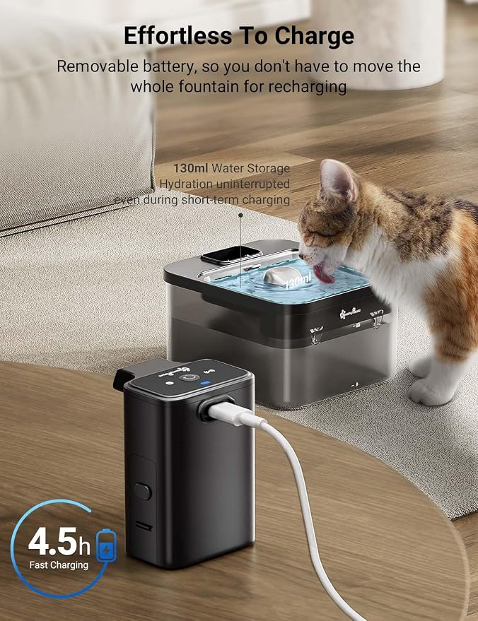 DownyPaws Cat Water Fountain Cordless, Pet Fountain, 84oz/2.5L, Black Pro | Wireless Cat Drinking Water Fountains for Cats Indoor, Fursink , Battery Operated, Motion Sensor, Ultra Quiet Pump, BPA-Free - Image 7