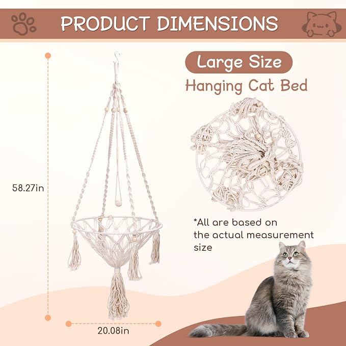 VINGVO Macrame Cat Hammock Bed, 58.27" Handwoven Pet Hanging Swing Bed with Hook for Wall, Foldable Kitten Window Perch for Indoor Outdoor Sports Playing Sleeping Climbing Lounging - Image 6