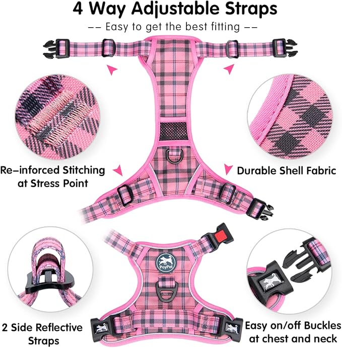 PoyPet Plaid Dog Harness Large, No Pull Vest with Front Clip & Neck Buckle | Padded Handle, Reflective, No Choke, Lockable, 2 Leash Rings, Full Adjustable, for Training Walking, XL, Checkered Pink - Image 4