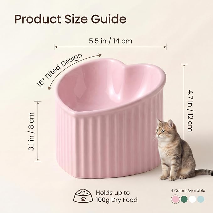 Pink Ceramic Raised Cat Bowls, Tilted Elevated Food or Water Bowls, Stress Free, Backflow Prevention, Dishwasher and Microwave Safe, Lead & Cadmium Free - Image 2