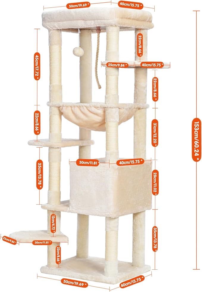 Heybly Cat Tree for Large Cats, 20lbs Heavy Duty, 60 inches HCT050M | Cat Tower for Indoor Cats with Big Padded Plush Perch, Multi-Level Furniture Condo with Cozy Basket, Beige - Image 3
