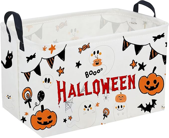 Sanjiaofeng Rectangular Halloween Ghost Storage Basket,Halloween Basket.Cute Baskets for Room Decor, Pumpkin Baskets with Handles.Books Bins,Gifts Box(White Ghost) by Sanjiaofen