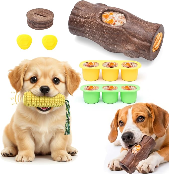 Corn Shape Dog Chew Toy for Small to Medium Dogs – Puppy Teething Toys with Squeaker; Tree Stump Chew Toy for Medium to Large Dogs – Design with Frozen Treat Molds & Peanut Butter Grooves by Dogfrozentreattoy