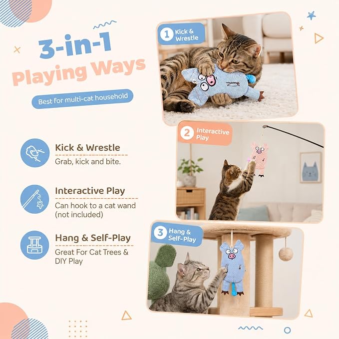 Cat Toys for Indoor Cats, 2 PCS 8000mg A+Natural Catnip Silvervine Crinkle | Interactive Cat Toys Pig with Bell Elastic Tail, Baby-Grade Plush Chew Toy Teeth Cleaning, Catnip Cat Kicker Toy for Kitten - Image 4