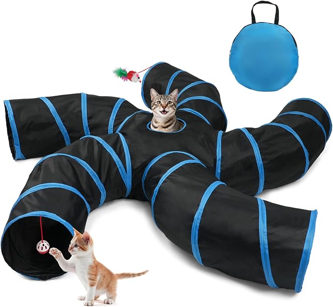 Joytale Cat Tunnel for Multiple Cats, 5-Way Indoor Tube Toy to Chase & Hide | Bell ball & Toy Mouse Included; Peekaboo Hole; Pops Open & Folds Into Zip Bag; Fits Cats to ~12 lb; Kittens & Rabbits Too by Joytale