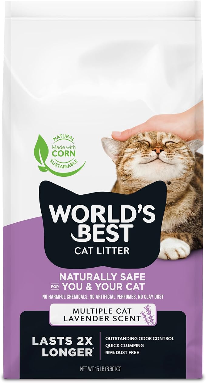 World's Best Cat Litter, Lavender Scented, Long-Lasting Odor Control, 15 lb | Controls multi-cat odors with a calming lavender scent; natural corn litter, quick clumping, flushable, 99% dust free formula by WorldsBestCatLitter