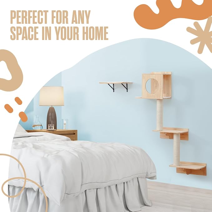 Wall Mounted Cat Tree, Cat Wall Climber, Kitty Climbing Shelves 51 x 35 in | Houseables Kitty Furniture Shelves, Floating House, Stairs, Mount, Climber, Condo, Playground, Obstacle Course, Indoor Gym - Image 7