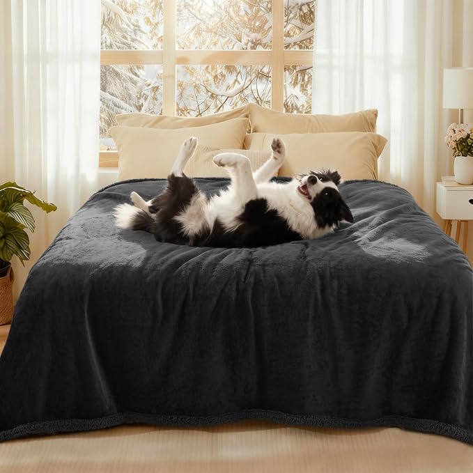 Luciphia Waterproof Bed Blanket Washable,Soft Sherpa Fleece Puppy Reversible Throw Blankets for Medium Large Dog Cat,Furniture Cover Protector Couch Bed from Liquid Pee and Pet Fur, Black,85" x 57" by luciphia