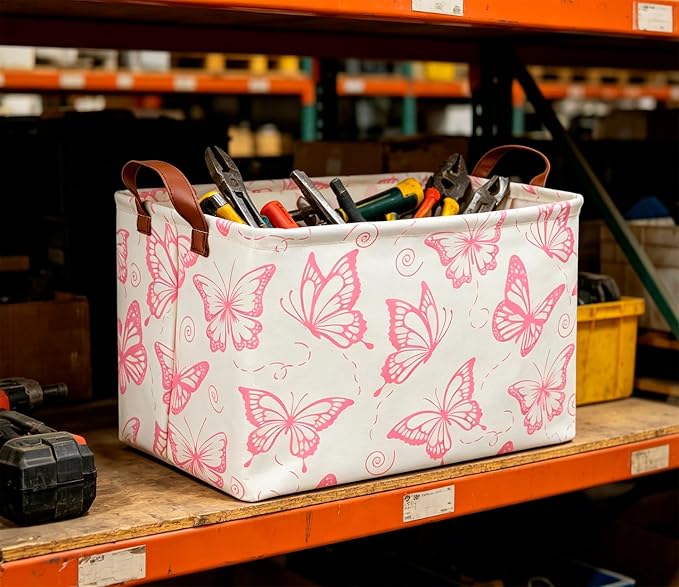 CLOCOR Rectangular Fabric Storage Bin, Waterproof Storage Box with Handles(Pink Butterfly) - Image 2