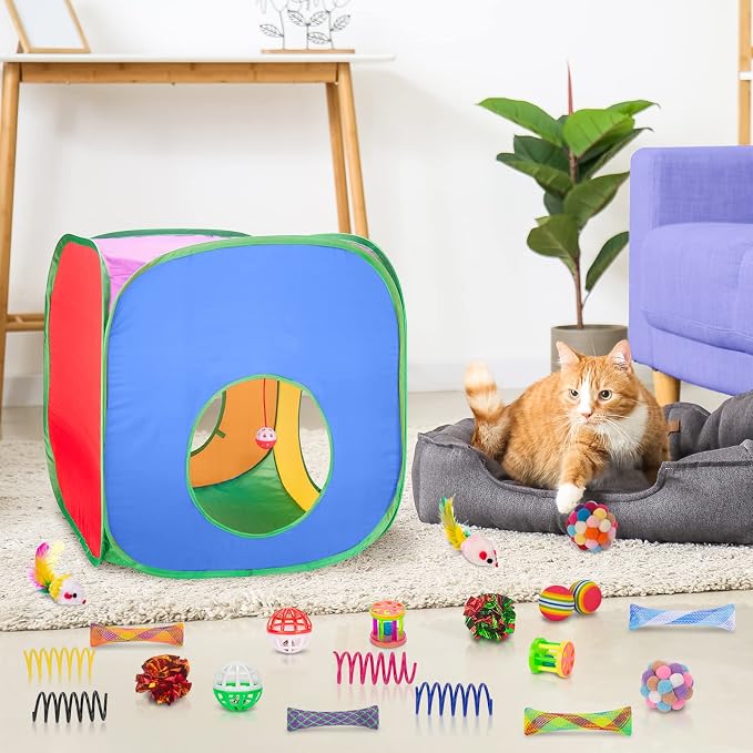 Retro Shaw Cat Toys for Indoor Cats Kitten, Cat Game Tunnel, 33 Pack | Interactive Kitten Toys Pack, Feather Wand Kit Balls Bell Springs Mice, Hide-and-Seek Self-Play for Bored Cats Chase - Image 6